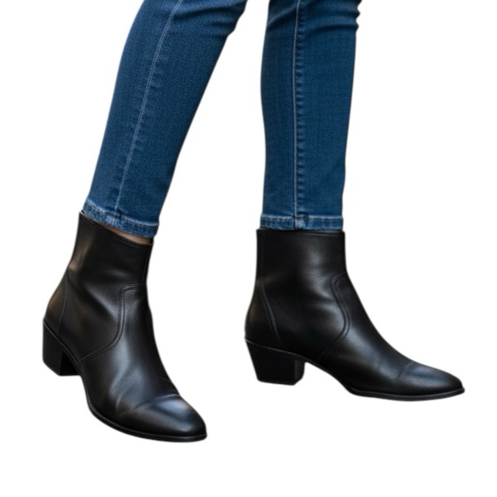 Loeffler Randall Joni Western Ankle Booties Black Leather Pointy Toe Shoes Biker